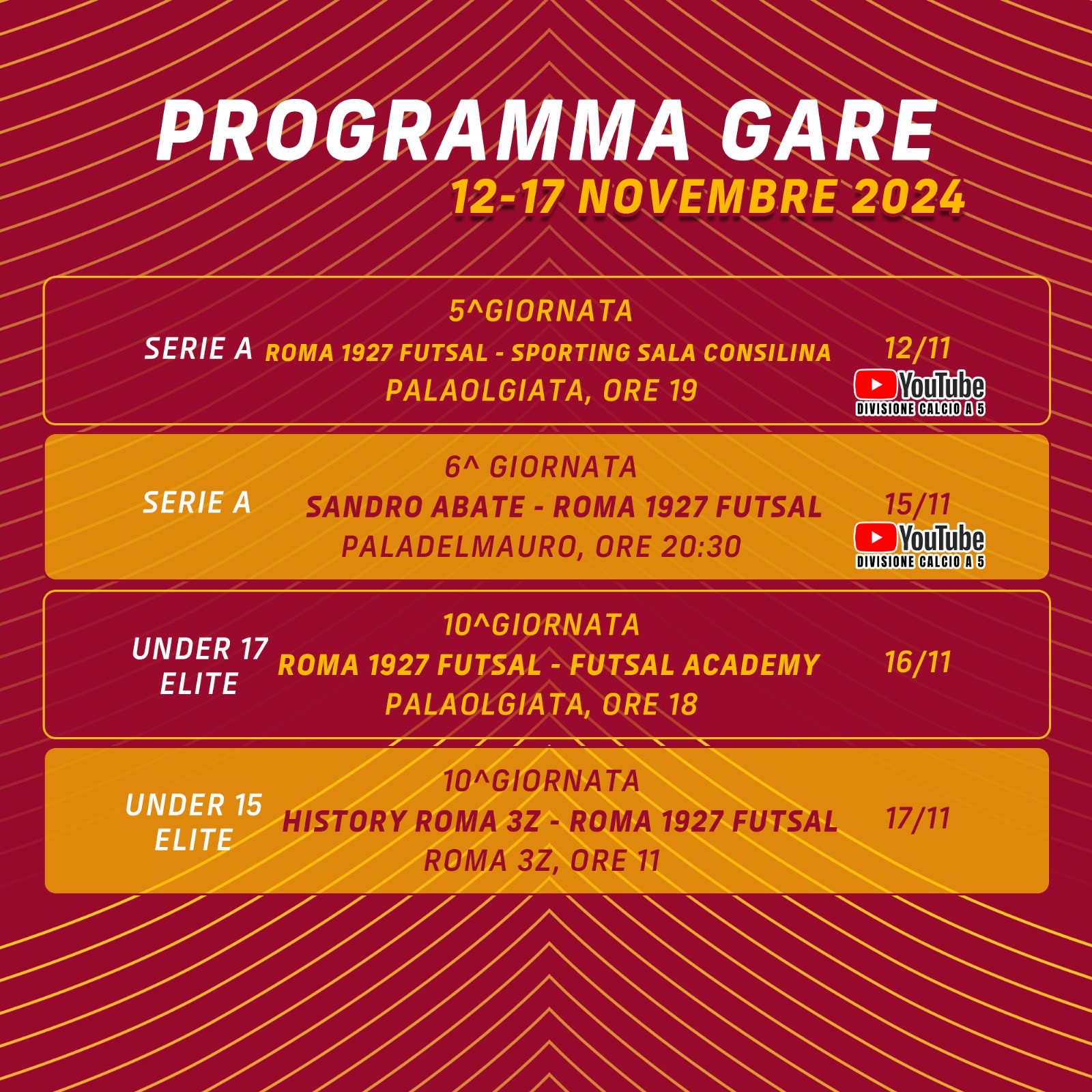 Programma gare 12/17 novembre 2024