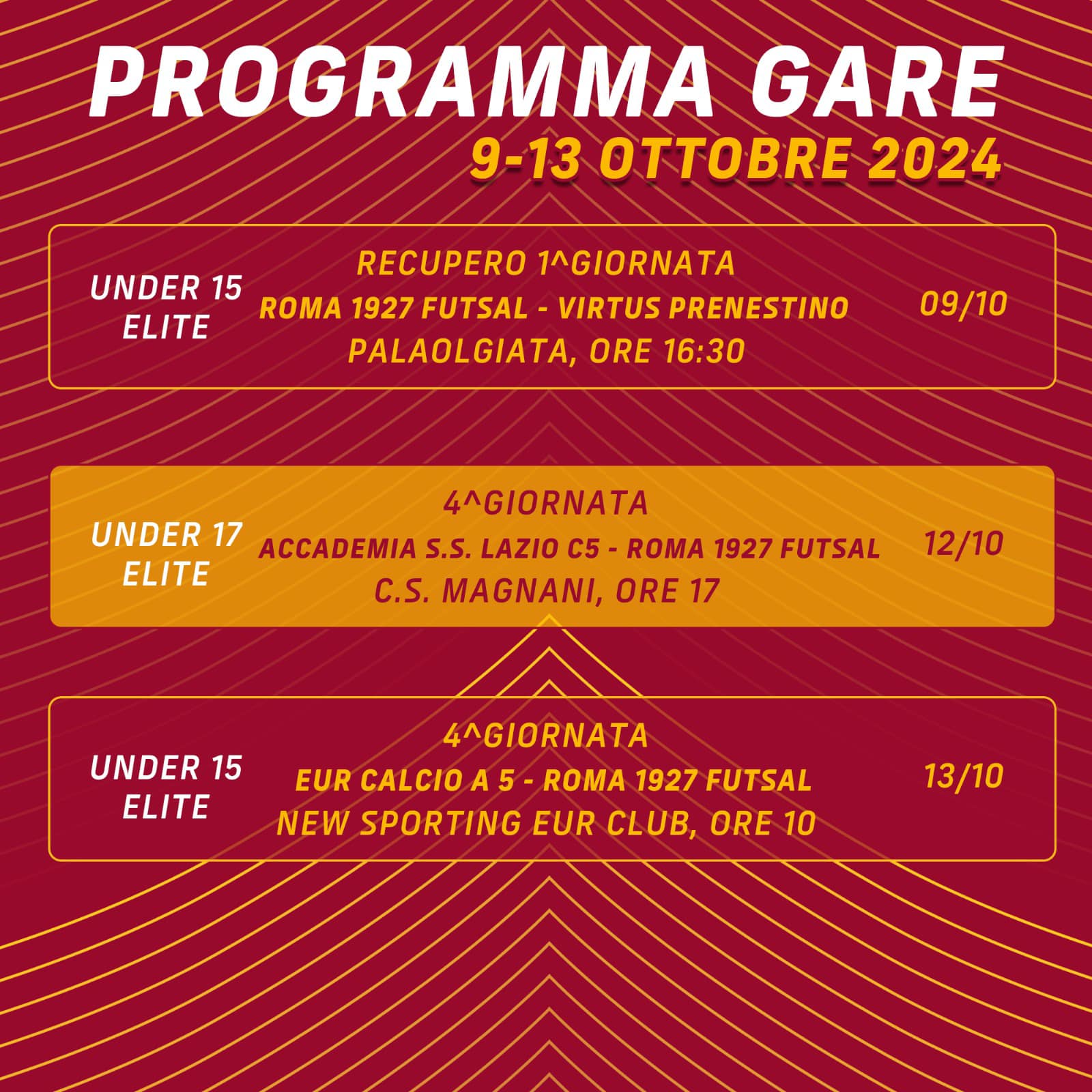 Programma gare 9/13 ottobre 2024