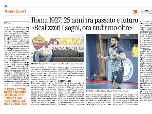 L'articolo su Il Messaggero dedicato alla Roma 1927 Futsal