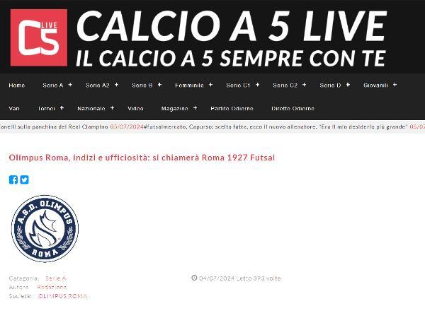 L'articolo su Calcio a 5 Live dedicato alla Roma 1927 Futsal