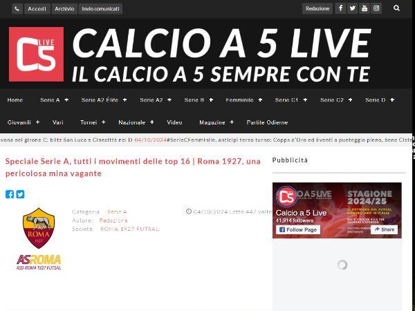 L'articolo su Calcio a 5 Live dedicato alla Roma 1927 Futsal