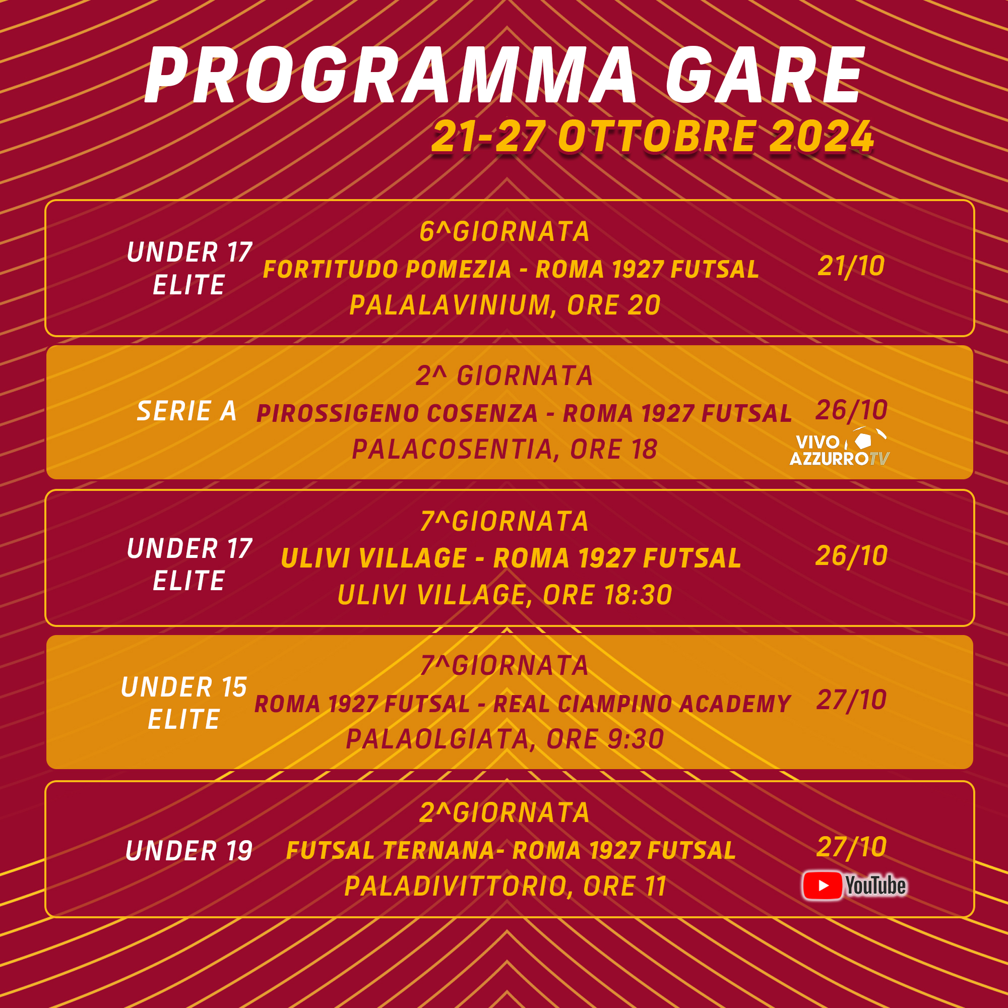 Programma gare 21/27 ottobre 2024