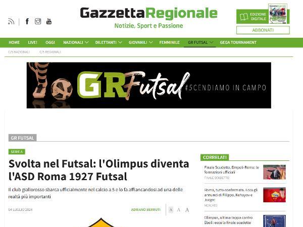 L'articolo su Gazzetta Regionale dedicato alla Roma 1927 Futsal