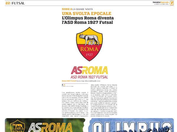 L'articolo su Gazzetta Regionale dedicato alla Roma 1927 Futsal