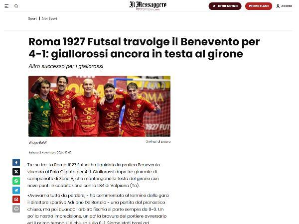 L'articolo su Il Messaggero dedicato alla Roma 1927 Futsal