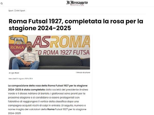 L'articolo su Il Messaggero dedicato alla Roma 1927 Futsal