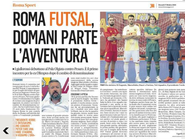 L'articolo su Il Messaggero dedicato alla Roma 1927 Futsal